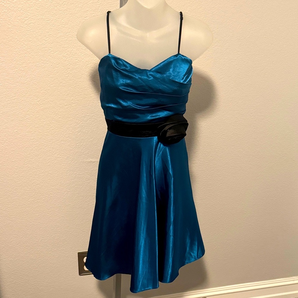 Teal Satin Spaghetti Strap Dress, medium